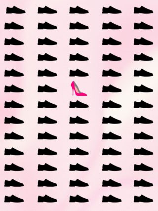 A series of black dress shoes in a row with one singular hot pink heel interrupting the pattern