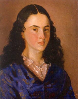 A portrait painting of a woman with black hair.