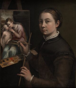 A painting of a woman making a painting. The painting depicts a woman kissing a child.