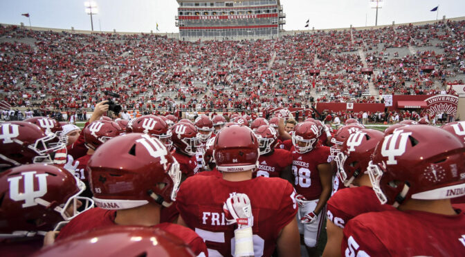 The Indiana Hoosiers join in a huddle before the game.