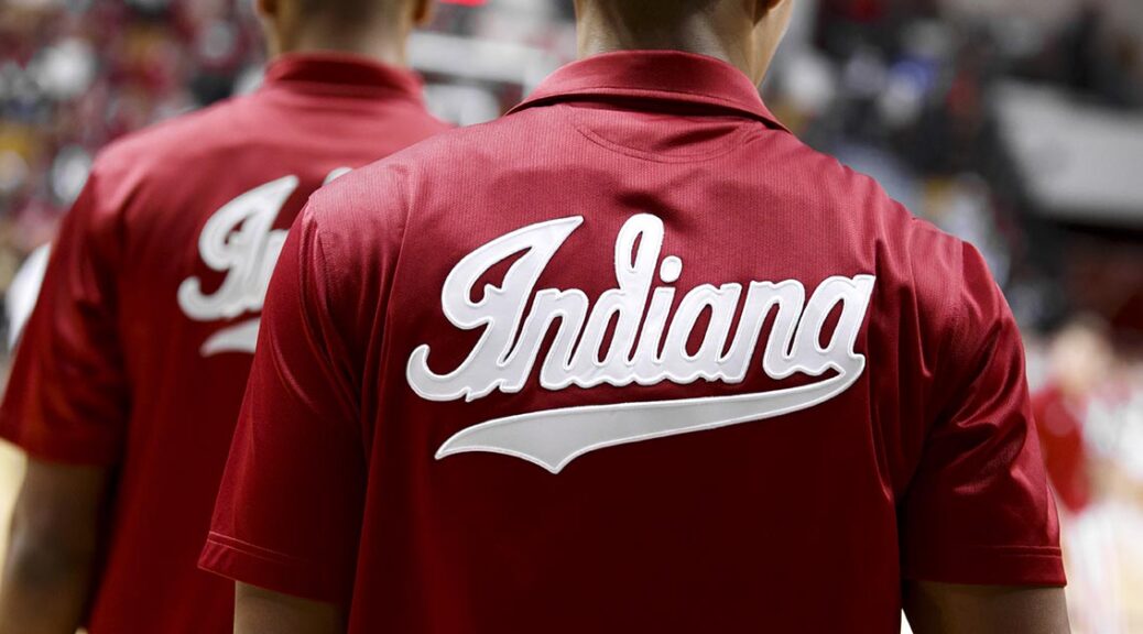 back of Indiana mens basketball warmup shirt. Indiana script