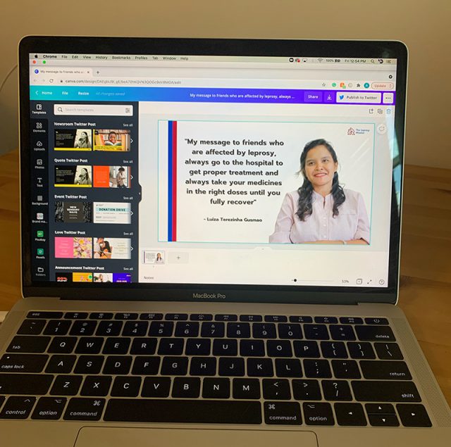 A laptop displaying a presentation. The slide shows a photo of a woman with the text: My message to friends who are affected by leprosy, always go to the hospital to get proper treatment and always take your medicines in the right doses until you fully recover."