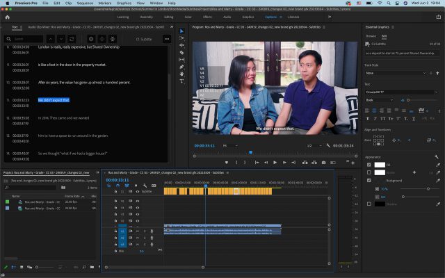 A screenshot of an Adobe Premiere editing file. The video shows a couple sitting on a couch.