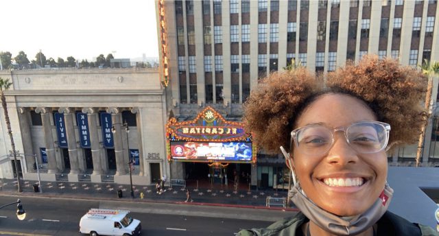 A selfie of Jaicey Bledsoe on the fourth-floor terrace of Hollywood and Highland mall.