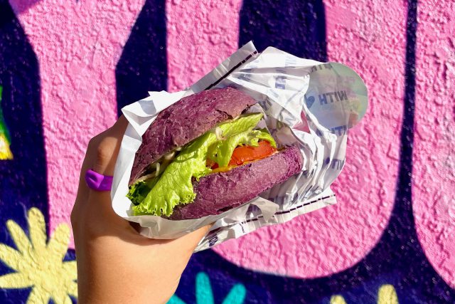 A burger in front of a colored wall in LA