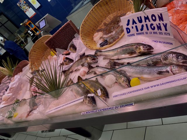 Fish on ice at a supermarket in Normandy.